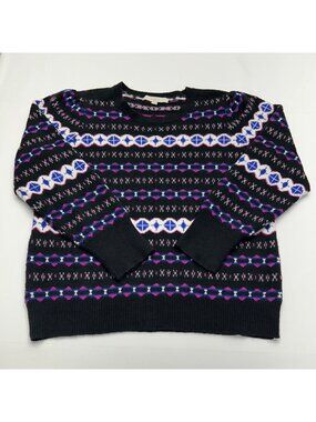 Loft Womens XL Black Fair Isle Knit Sweater With Multicolor Geometric Pattern